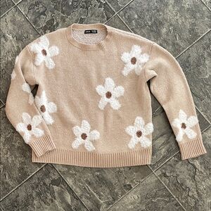 Tan Floral Fuzzy Crew-Neck Whimsical Cottagecore Cozy SHEIN Sweater